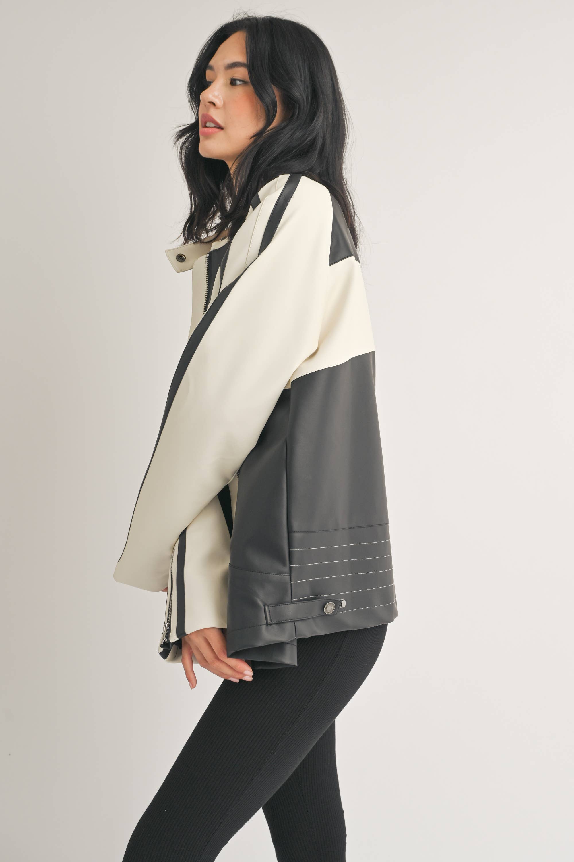 Faux Leather Moto Jacket -  Ivory/Black