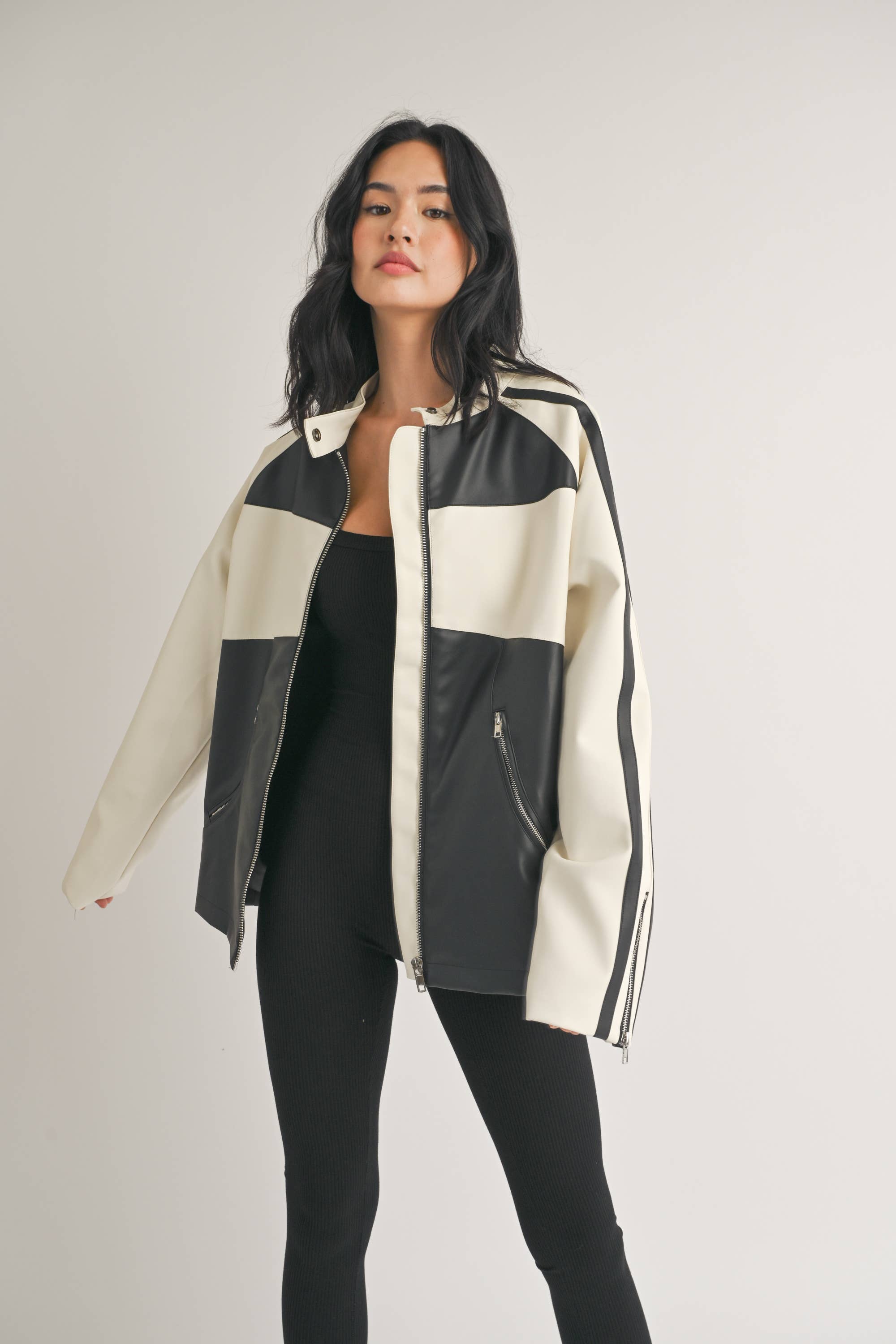 Faux Leather Moto Jacket -  Ivory/Black