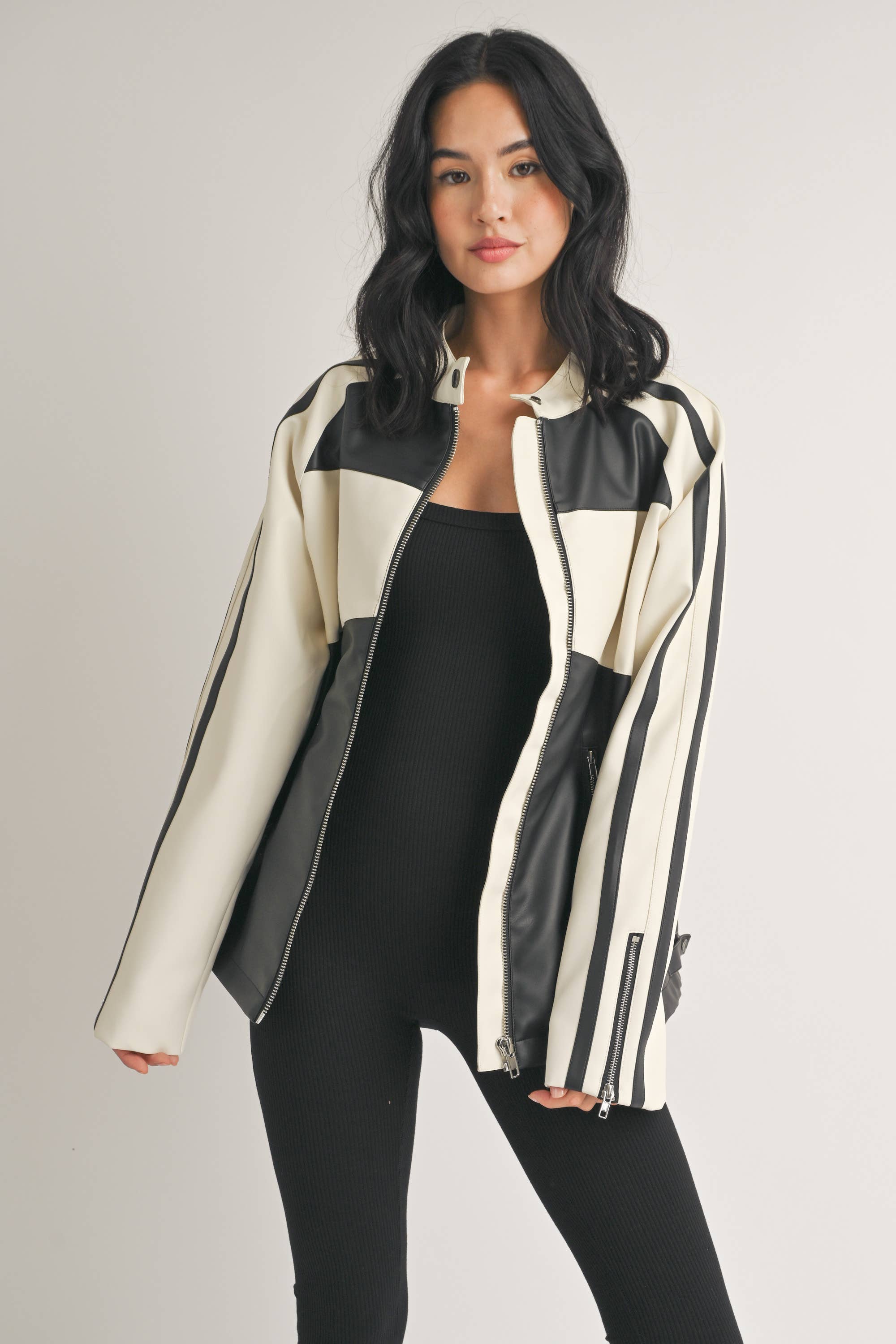 Faux Leather Moto Jacket -  Ivory/Black