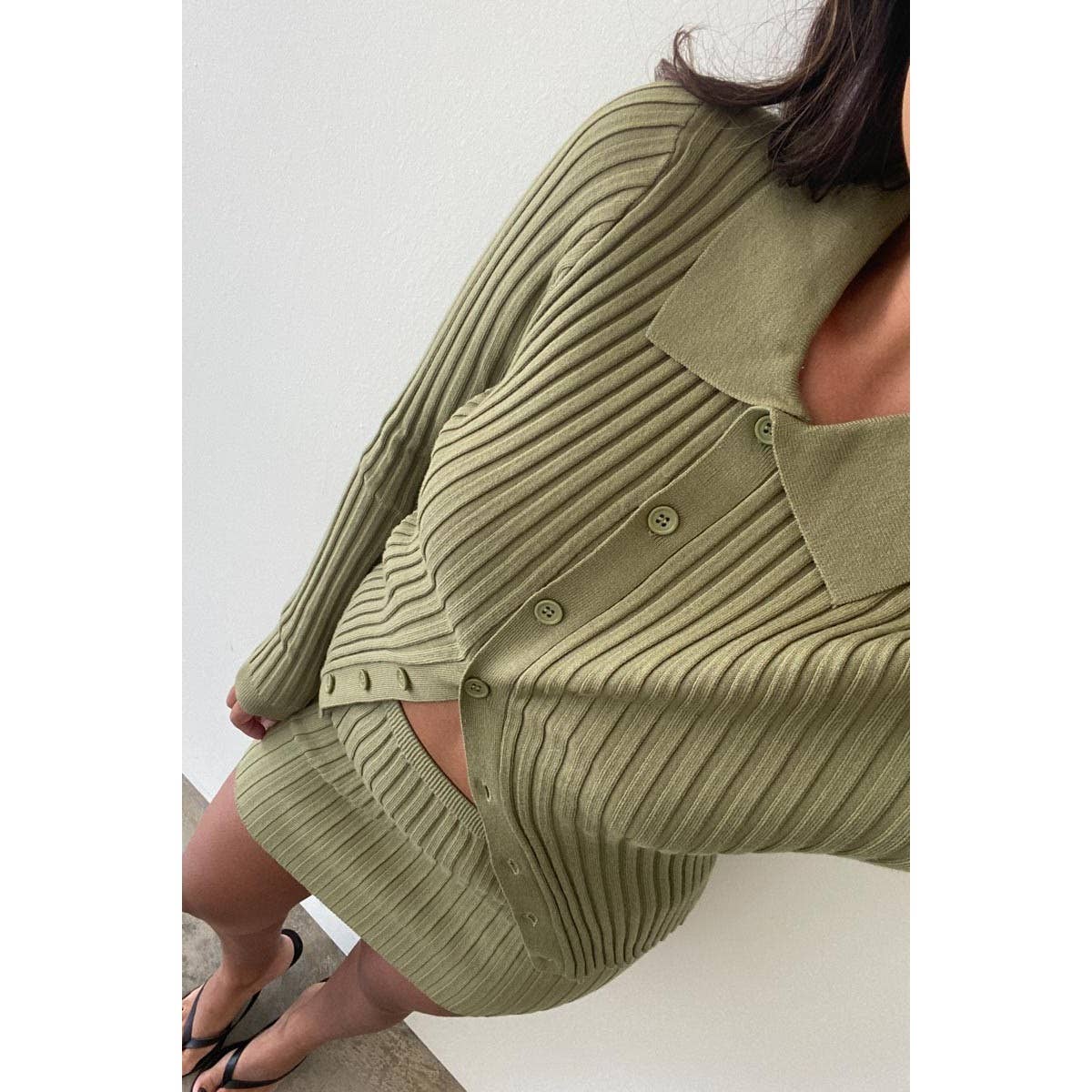 RIB KNITTED BUTTON DOWN TOP SKIRT SET : OLIVE