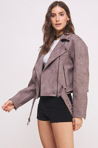 Suede Moto Jacket Plus Size Available Belted Long Sleeve  Zippered