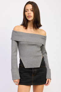 Off Shoulder Sweater With Ribbed & Zipper