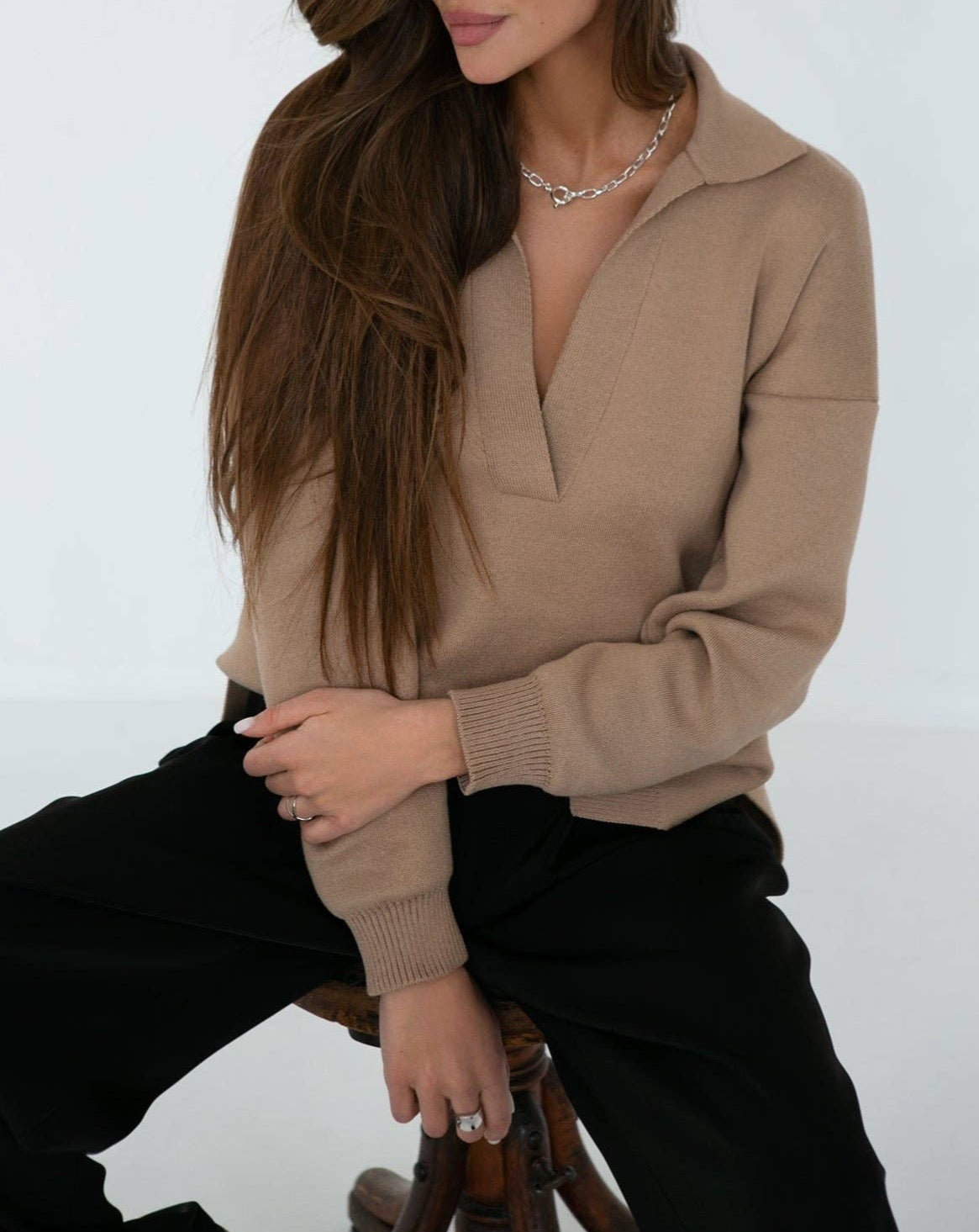 Polo Collar Detail Oversized Knit Sweater Jumper- Cream LAST ONE!