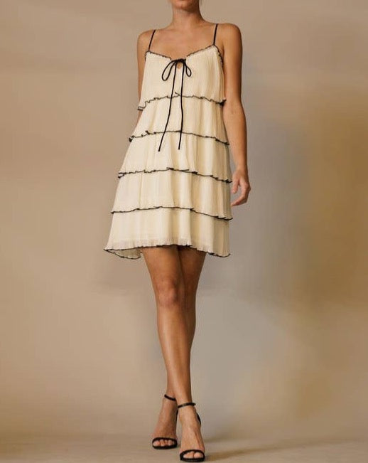 Tiered Plisse Strapless Mini Dress With Front Tie: Cream