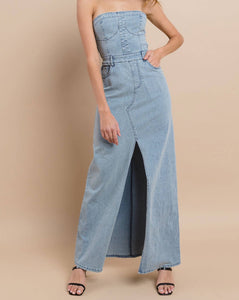 Tati Strapless Denim Maxi Dress — Jean Maxi Dress — Ria Bleu Tati Strapless Denim Maxi Dress — Jean Maxi Dress — Ria Bleu
