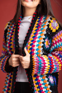 Granny Crochet Long Cardigan Kimono: Black