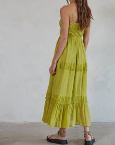 Amara Lime Green Flare Midi Dress Front Tie Square Neck Ria Bleu Amara Lime Green Flare Midi Dress Front Tie Square Neck Ria Bleu
