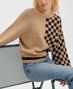 Checkered  Colorblick Crewneck  Knit Sweater Khaki