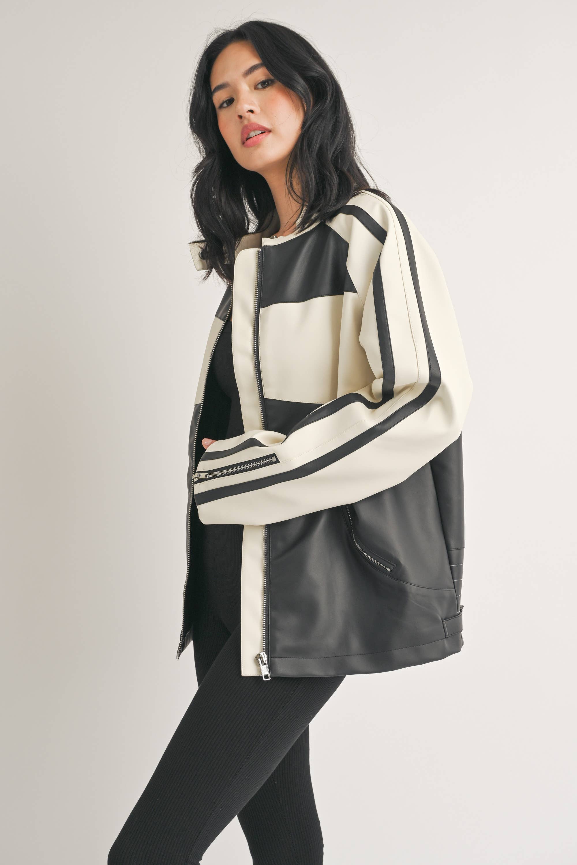 Faux Leather Moto Jacket -  Ivory/Black