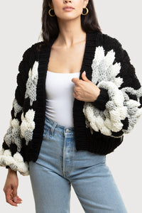 Chunky Knit Cardigan With Bubble Sleeves & Cropped