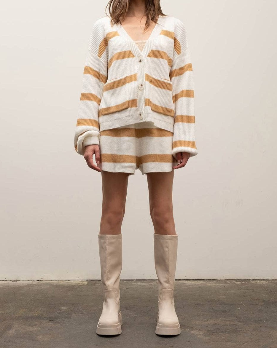 Striped Lounge Sweater Short Set: Mustard and Crème