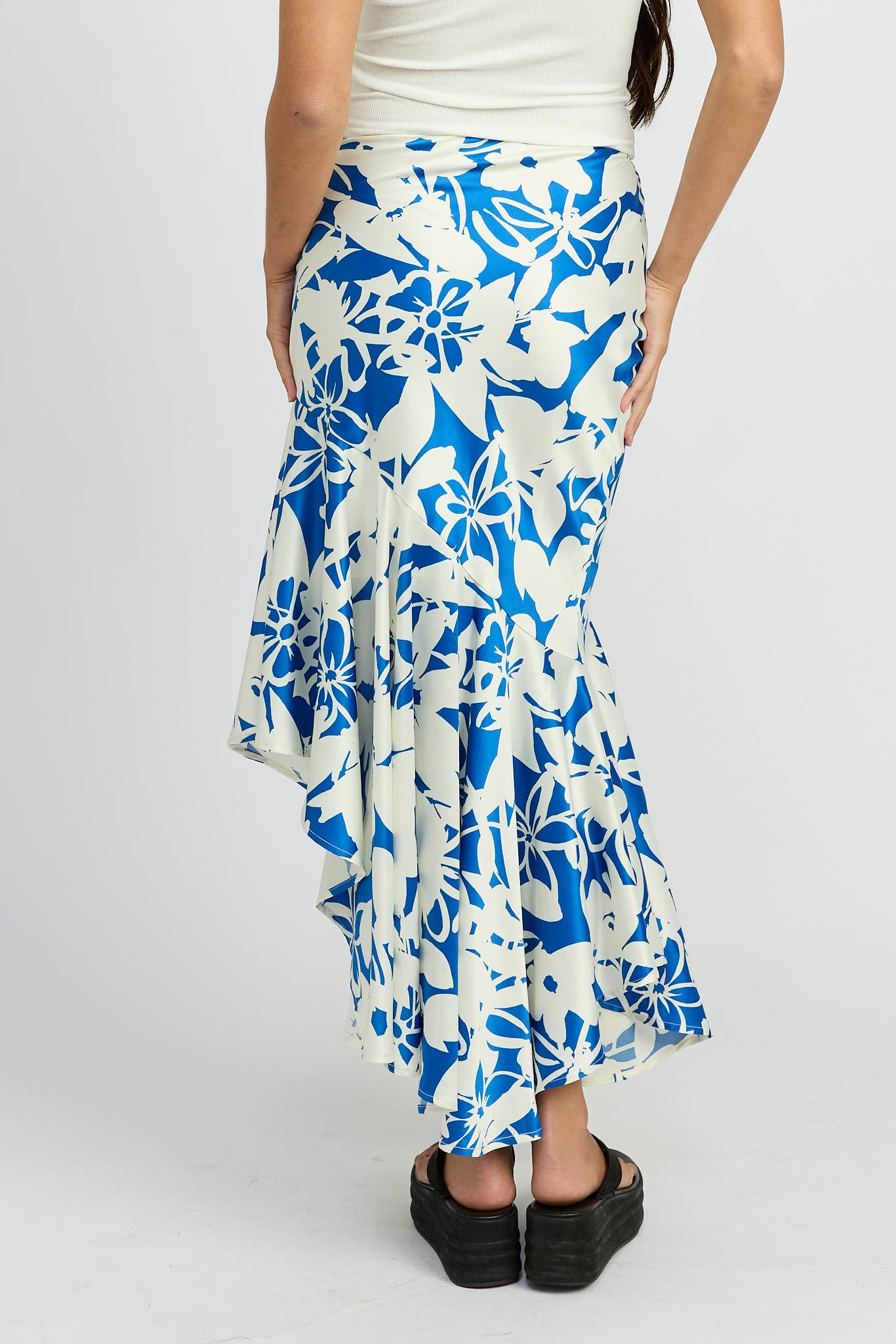 Tara Asymmetrical Ruffle Skirt: BLUE WHITE / Contemporary ONLY 2 LEFT!