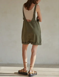 Overall Romper Denim Wide Leg  In Olive