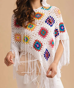 Crochet Fringe Poncho Sweater With Granny Squares