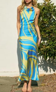 Maxi Dress Halter Top Ocean Waves, Open Back by Dress Forum