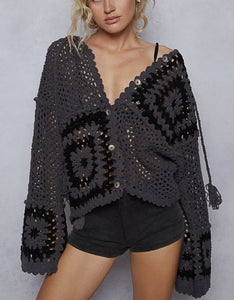Crochet Cardigan Hand Knit Button Down With Squares and Hood