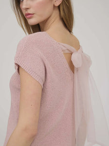 Dusty Pink Short Sleeve Top With Sheer Back Bow