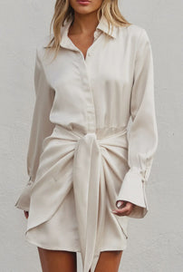 Satin Tie Waist Mini Shirt Dress - Perfect For New Years Dress