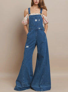 Wide Leg  Distressed  Denim Overalls