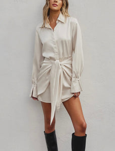 Satin Tie Waist Mini Shirt Dress - Perfect For New Years Dress