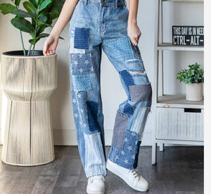 Mineral Washed Patchwork Jeans Denim Detail