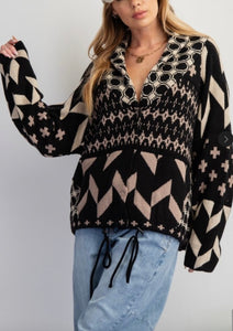 Knit Pullover Sweater Ethnic Printed  Cardigan