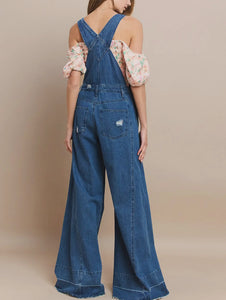 Wide Leg  Distressed Jeans Denim Overalls