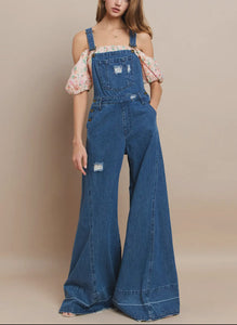 Jean Wide Leg  Distressed  Denim Overalls