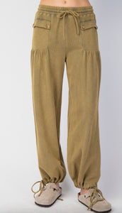 Mineral Washed Terry Knit Drawstring Pants Joggers In Olive