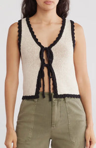 Knit Sweater Vest With Front Tie Cream With Black Scalloped Trim
