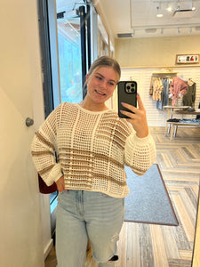 Striped Colorblock Crochet Sheer Knit Sweater