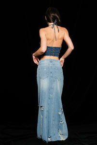 Alaina Distressed Denim Maxi Skirt - Jean Maxi Skirt