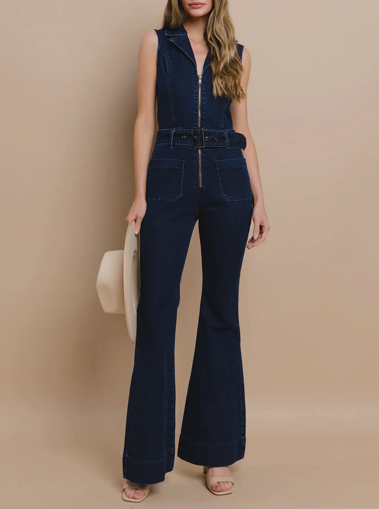 Sleeveless Denim Jean JumpSuit With Belt Dark