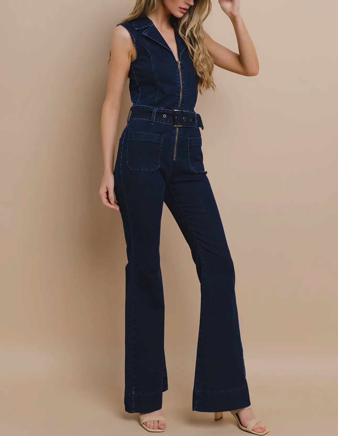 Sleeveless Denim Jean JumpSuit With Belt Dark