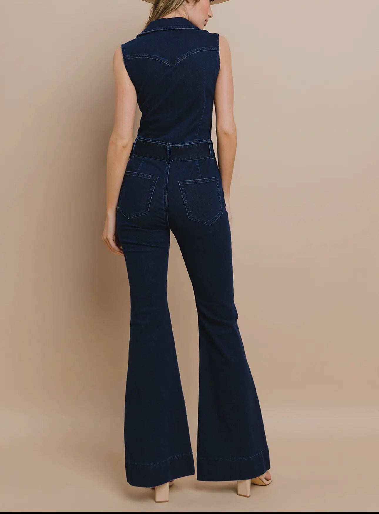 Sleeveless Denim Jean JumpSuit With Belt Dark