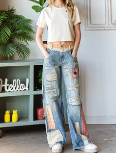 Patch Detail Wide Denim Patchwork Jeans Oli & Hali Jeans Pants