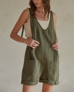 Denim Overall Romper In Olive Denim Wide Leg Overall Romper