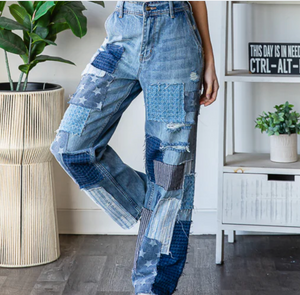 Mineral Washed Jeans Denim patchwork pants