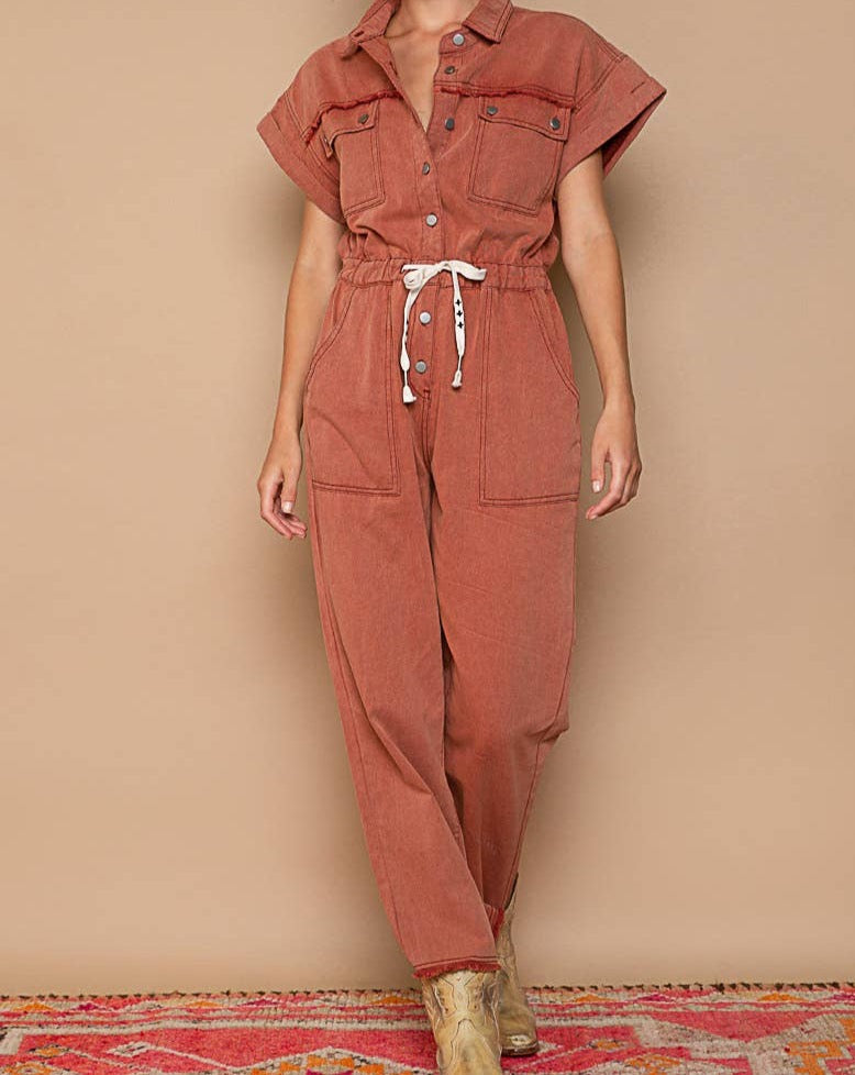 Sofia Short Sleeve Jumpsuit: BRICK LAST ONE!