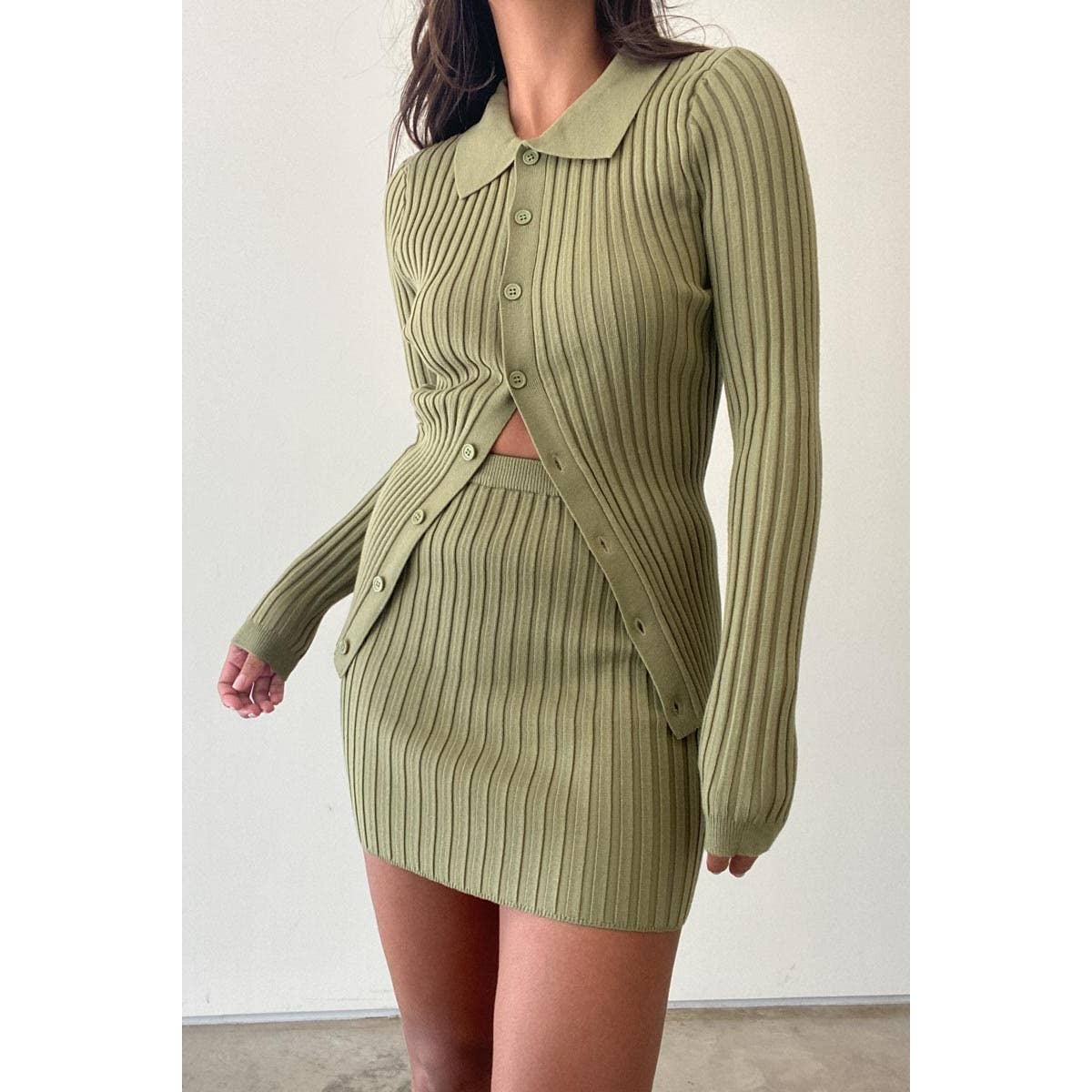 RIB KNITTED BUTTON DOWN TOP SKIRT SET : OLIVE