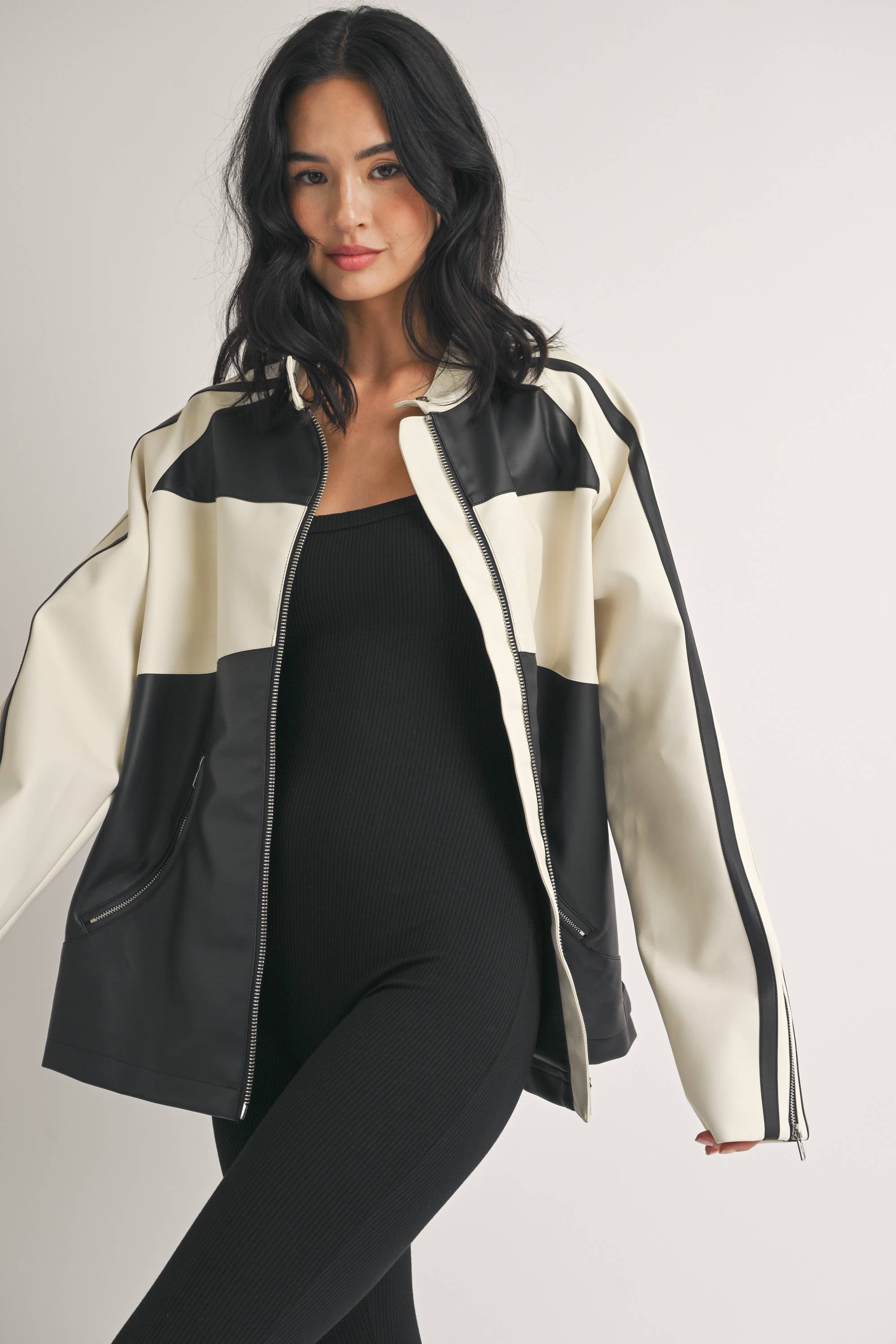 Faux Leather Moto Jacket -  Ivory/Black