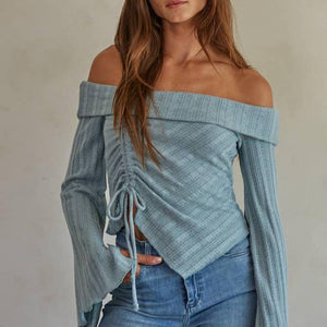 Knit Ribbed Front Top With Tie Ruched Detail & Fold Over Cold Shoulder