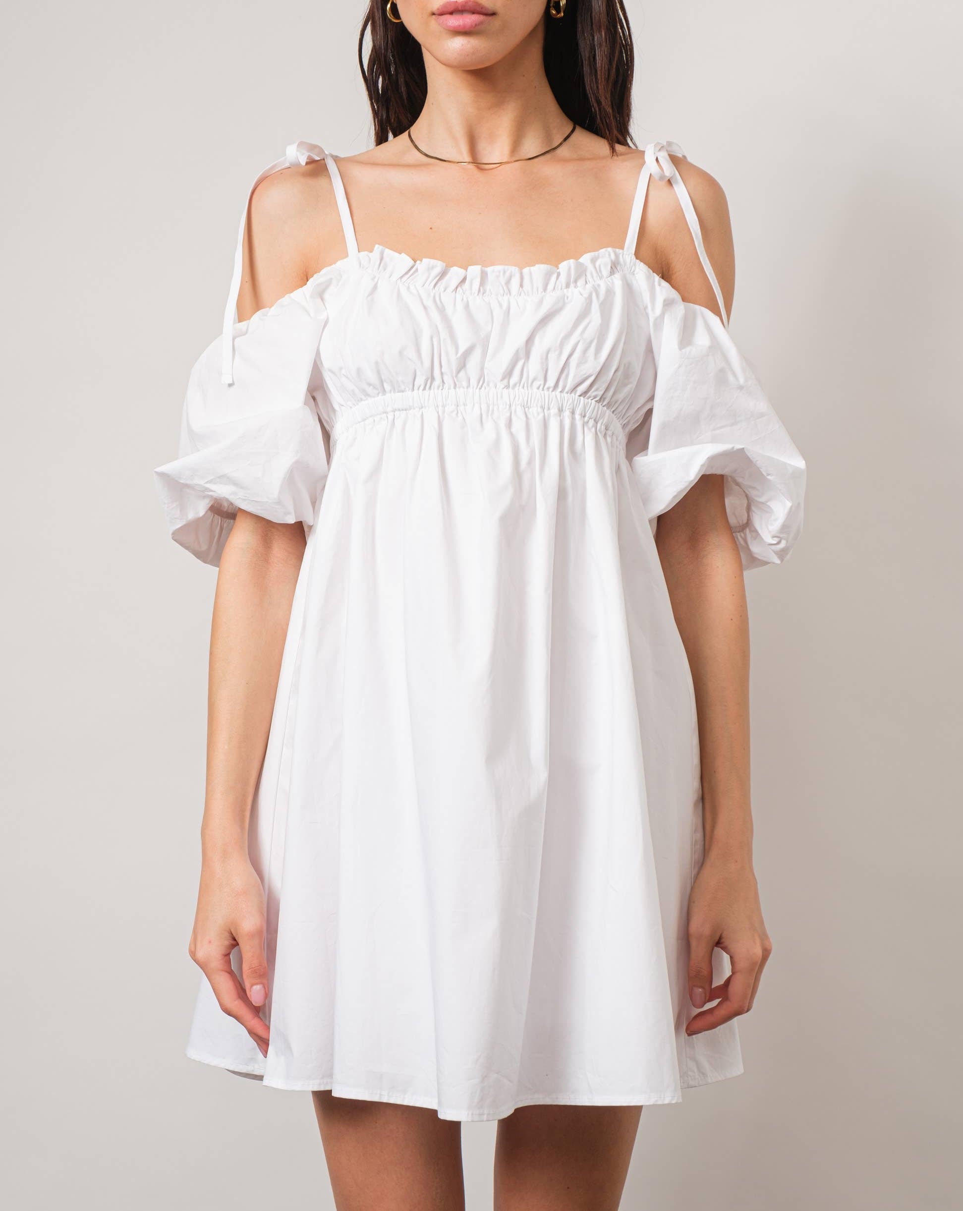 Loucia Empire-Waist Cold-Shoulder White Mini Baby Doll Dress | Liberty Center Loucia Empire-Waist Cold-Shoulder White Mini Baby Doll Dress | Liberty Center