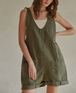 Jean Wide Leg Overall Romper In Olive