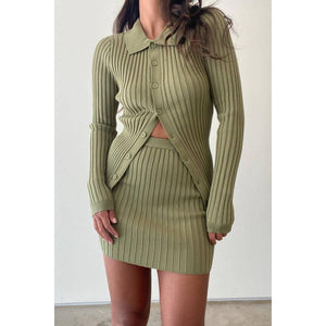 RIB KNITTED BUTTON DOWN TOP SKIRT SET : OLIVE