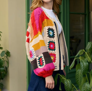 Square Checkered Cardigan With Granny Squares and Multi Pattern