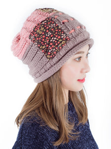 Beanie Hat Reversible Patchwork Hand-knit Fleece Lined: Pink LAST ONE!