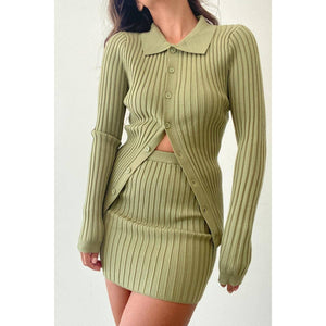 RIB KNITTED BUTTON DOWN TOP SKIRT SET : OLIVE