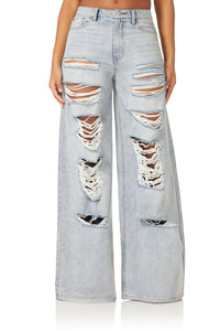 Wide legged jeans. Distressed jeans
