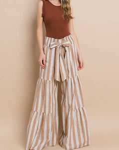 Striped Linen Palazzo Pants In Natural and Taupe